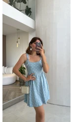 Luena Puantiye Desenli Askılı Mini Elbise - Mavi - Kod: 4154