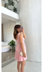 Luena Puantiye Desenli Askılı Mini Elbise - Pembe - Kod: 4154
