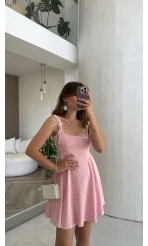 Luena Puantiye Desenli Askılı Mini Elbise - Pembe - Kod: 4154