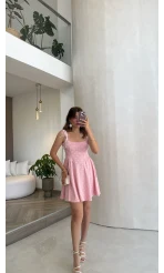 Luena Puantiye Desenli Askılı Mini Elbise - Pembe - Kod: 4154