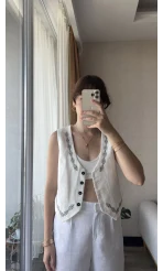 Luna Beyaz Nakışlı Yelek