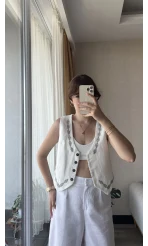 Luna Beyaz Nakışlı Yelek
