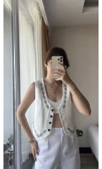 Luna Beyaz Nakışlı Yelek