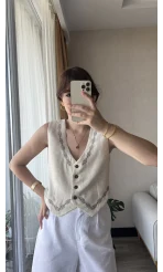 Luna Krem Nakışlı Yelek