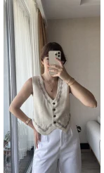 Luna Krem Nakışlı Yelek
