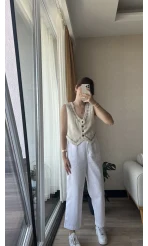 Luna Krem Nakışlı Yelek