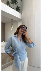 Lyssa Bağlamalı Çizgili Bluz - Mavi - Kod: 1089