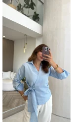Lyssa Bağlamalı Çizgili Bluz - Mavi - Kod: 1089