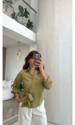 Lyssa Bağlamalı Çizgili Bluz - Yeşil - Kod: 1089