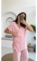 Madiya Keten Yandan Bağlamalı Takım Pembe