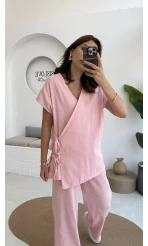 Madiya Keten Yandan Bağlamalı Takım Pembe