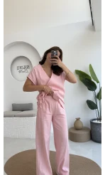 Madiya Keten Yandan Bağlamalı Takım Pembe
