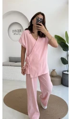 Madiya Keten Yandan Bağlamalı Takım Pembe