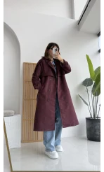 Maggie Kuşaklı Süet Kaban - Bordo - Kod: 7031
