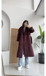 Maggie Kuşaklı Süet Kaban - Bordo - Kod: 7031