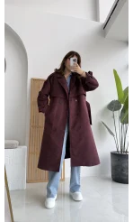 Maggie Kuşaklı Süet Kaban - Bordo - Kod: 7031