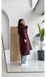 Maggie Kuşaklı Süet Kaban - Bordo - Kod: 7031