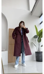 Maggie Kuşaklı Süet Kaban - Bordo - Kod: 7031