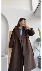 Maggie Kuşaklı Süet Kaban - Kahve - Kod: 7031