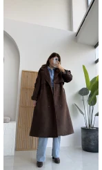 Maggie Kuşaklı Süet Kaban - Kahve - Kod: 7031