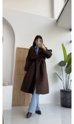 Maggie Kuşaklı Süet Kaban - Kahve - Kod: 7031