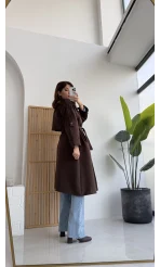 Maggie Kuşaklı Süet Kaban - Kahve - Kod: 7031