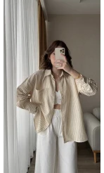 Magla Oversize Keten Kahve Çizgili Gömlek