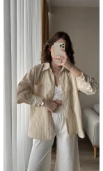 Magla Oversize Keten Kahve Çizgili Gömlek
