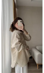 Magla Oversize Keten Kahve Çizgili Gömlek