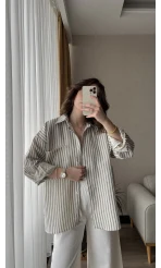 Magla Oversize Keten Mavi Çizgili Gömlek