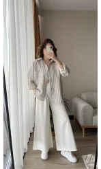 Magla Oversize Keten Mavi Çizgili Gömlek
