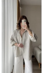 Magla Oversize Keten Mavi Çizgili Gömlek