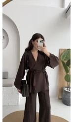 Marcelene Düğmeli V Yaka Kuşaklı Takım - Acı Kahve - Kod: 8892
