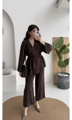 Marcelene Düğmeli V Yaka Kuşaklı Takım - Acı Kahve - Kod: 8892