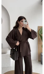 Marcelene Düğmeli V Yaka Kuşaklı Takım - Acı Kahve - Kod: 8892