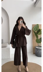 Marcelene Düğmeli V Yaka Kuşaklı Takım - Acı Kahve - Kod: 8892