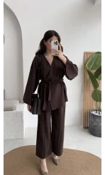 Marcelene Düğmeli V Yaka Kuşaklı Takım - Acı Kahve - Kod: 8892