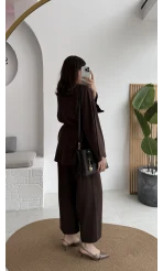 Marcelene Düğmeli V Yaka Kuşaklı Takım - Acı Kahve - Kod: 8892