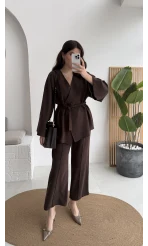 Marcelene Düğmeli V Yaka Kuşaklı Takım - Acı Kahve - Kod: 8892