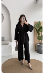 Marcelene Düğmeli V Yaka Kuşaklı Takım - Siyah - Kod: 8892
