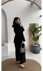 Marcelene Düğmeli V Yaka Kuşaklı Takım - Siyah - Kod: 8892
