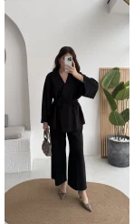 Marcelene Düğmeli V Yaka Kuşaklı Takım - Siyah - Kod: 8892