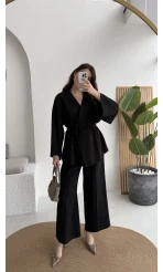 Marcelene Düğmeli V Yaka Kuşaklı Takım - Siyah - Kod: 8892