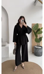 Marcelene Düğmeli V Yaka Kuşaklı Takım - Siyah - Kod: 8892