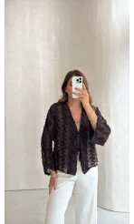 Maria Püskül Şeritli Kimono - Acı Kahve - Kod: 7049