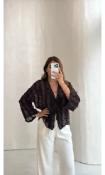 Maria Püskül Şeritli Kimono - Acı Kahve - Kod: 7049