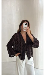 Maria Püskül Şeritli Kimono - Acı Kahve - Kod: 7049