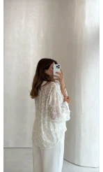 Maria Püskül Şeritli Kimono - Ekru - Kod: 7049