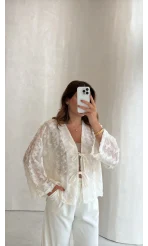 Maria Püskül Şeritli Kimono - Ekru - Kod: 7049