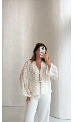 Maria Püskül Şeritli Kimono - Ekru - Kod: 7049